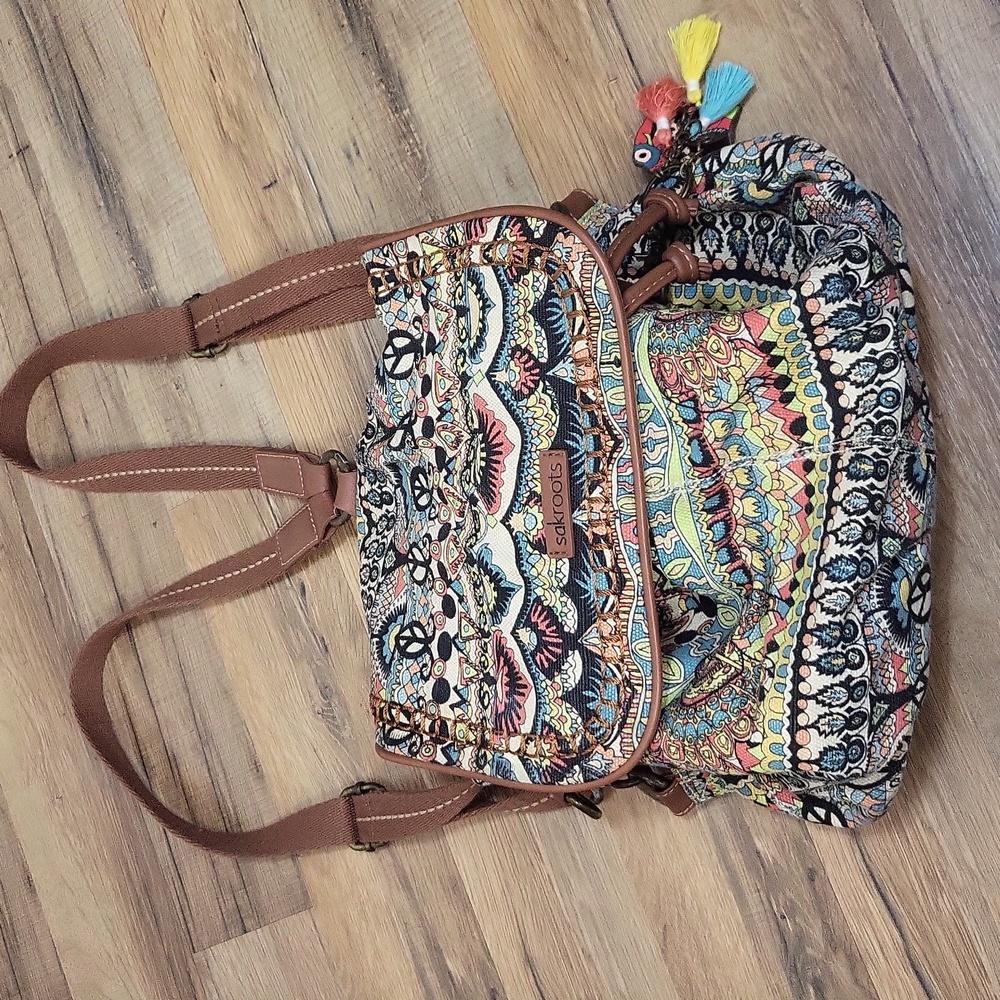 SAKROOT Blue Orange Boho Convertible Drawstrimg Backpack Elephant Tassel Key Fob - Picture 2 of 16